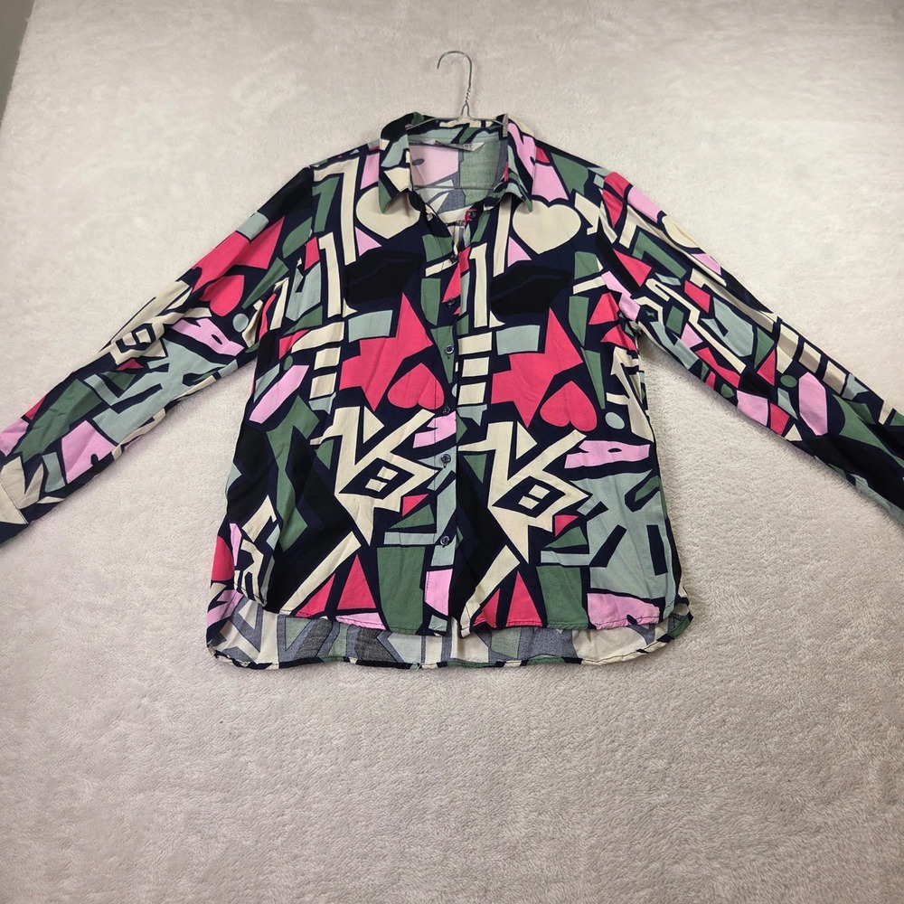 Big Dart Women Geometric Abstract Heart Print Button Down Shirt Multi Color SZ 8